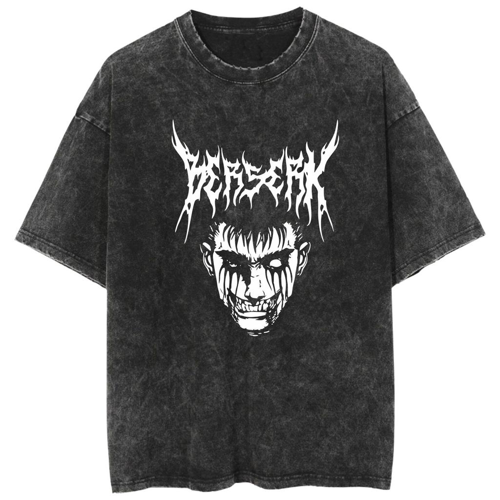 Fit Summer Berserk Stained Leather Washed Vintage Short Sleeve Tshirt Warrior Shirt Retro High Street Loose Cotton Top