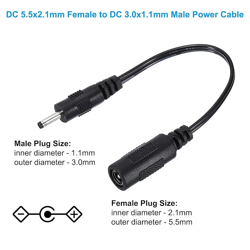 PATIKIL 0.6 feet DC 5.5x2.1mm female - 3.0x1.1mm male power cable 4 pieces wire adapter connector charging cord light fan speaker for table lamp black