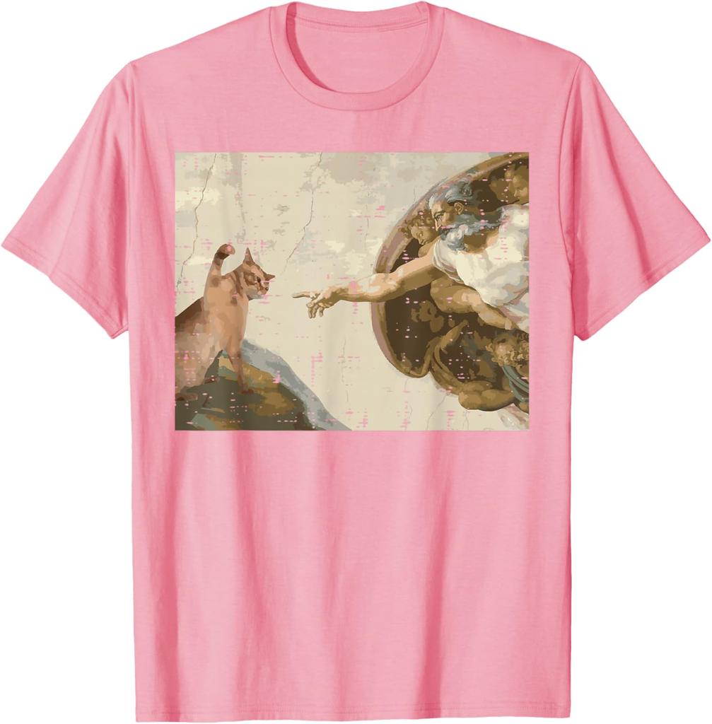 Creation Of Adam Cat Meme Art Graphic Tee Casual Short Sleeve Tshirt For Unisex