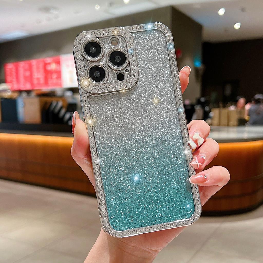 For iPhone 16 Pro Case Glitter Phone Case Rhinestone Decor Electroplating Protective Cover