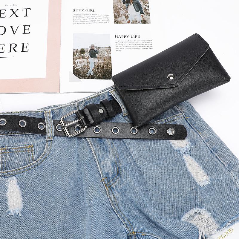 

Женский широкий кожаный ремень в корейском стиле с квадратной пряжкой и маленьким кошельком чёрный
