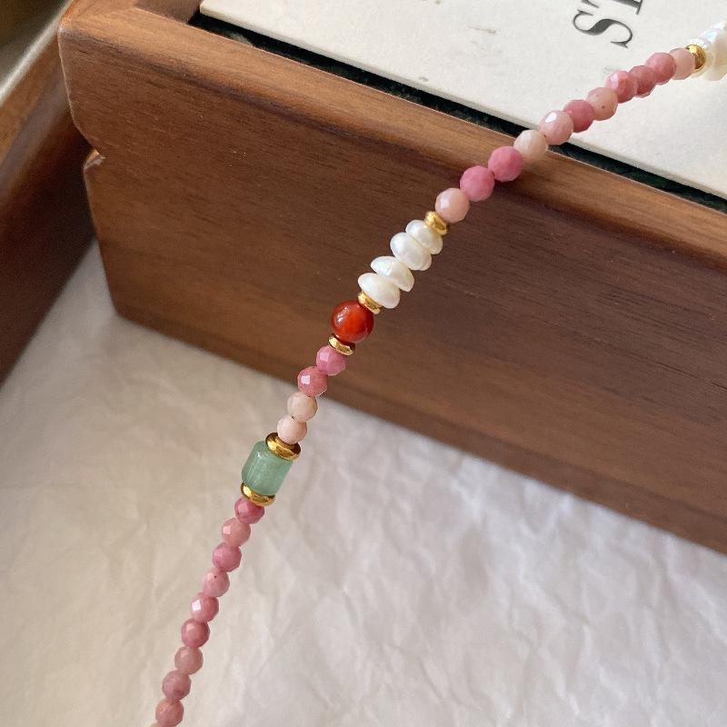 Red Stone Necklace, Natural Stone Collarbone Chain, Green Dongling Pendant, Dopamine Premium Sense Beaded Agate Pearl Neck Chain.