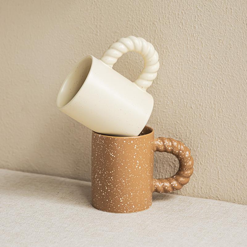 Baifenbai Home Furnishing Cream Twist Handle Cup Simple Ink Splashing Cup Household Ceramic Cup Breakfast Cup Straight Cup Coffee Cup