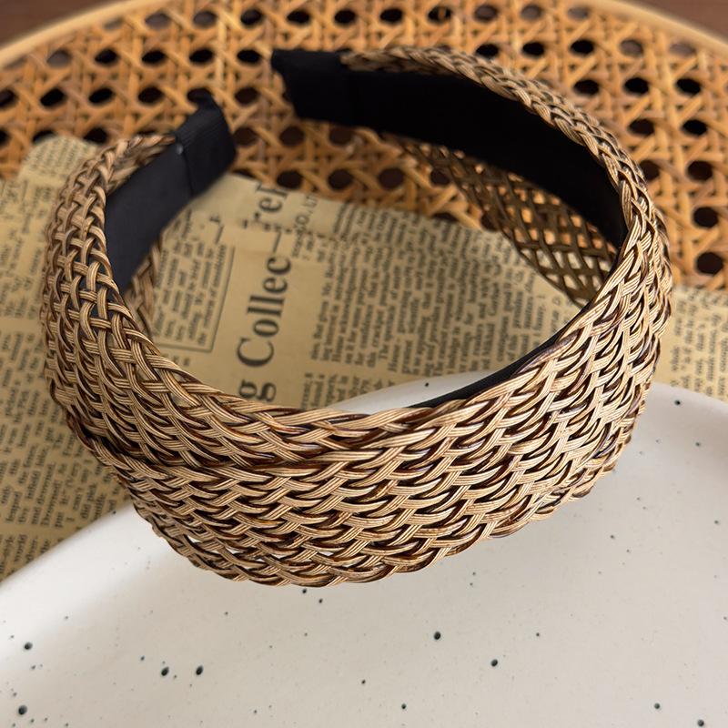 Women Bohemian Vintage Straw Woven Headband Wide Cross Design Hair Accessory Ladies