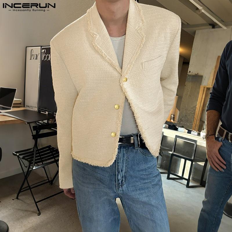 INCERUN Autumn Men Lapel Long Sleeve Buttons Cropped Short Texture Blazer Coats