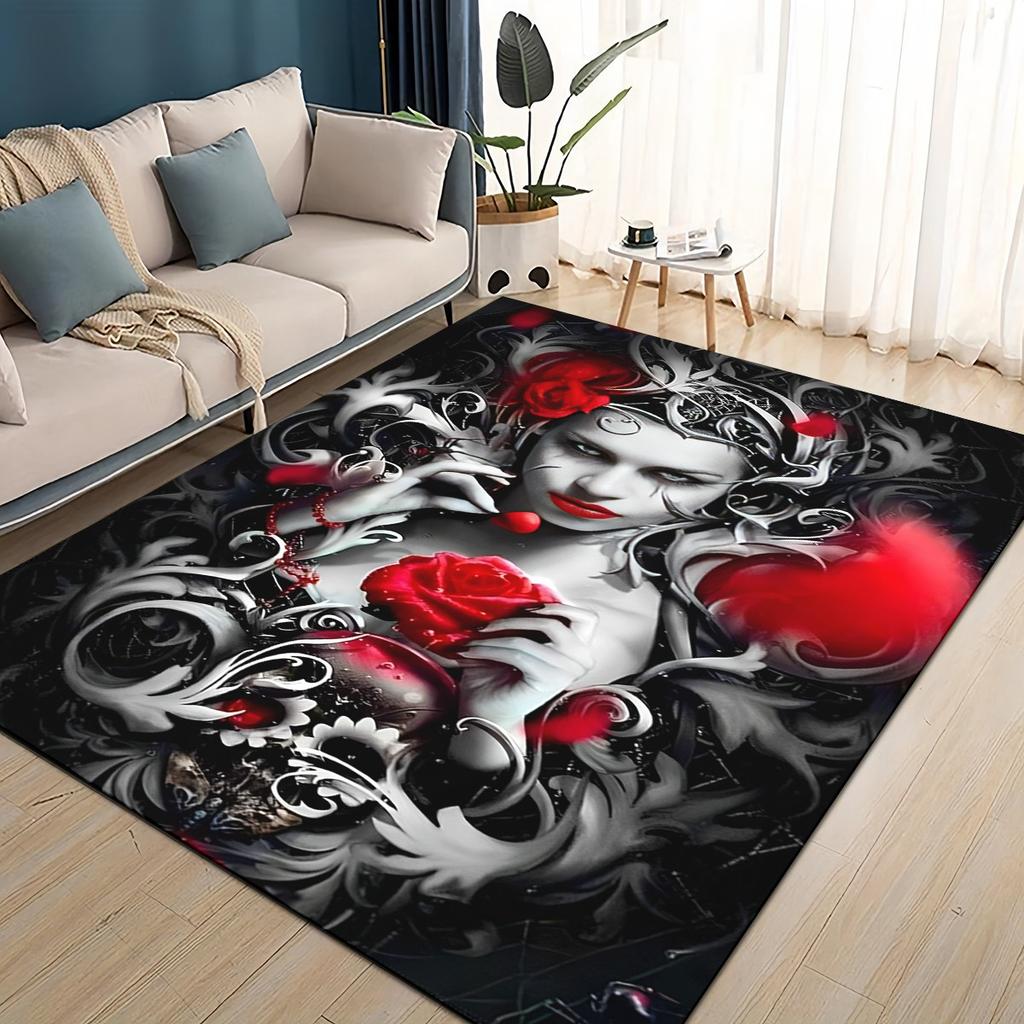 3D Gotická Lebka Obličej Růže Žena Hrozný Kreslený Koberec Kobereček do Obývacího Pokoje Ložnice Domov Dekorace Pohovky, Dětská Protiskluzová Podložka na Podlahu