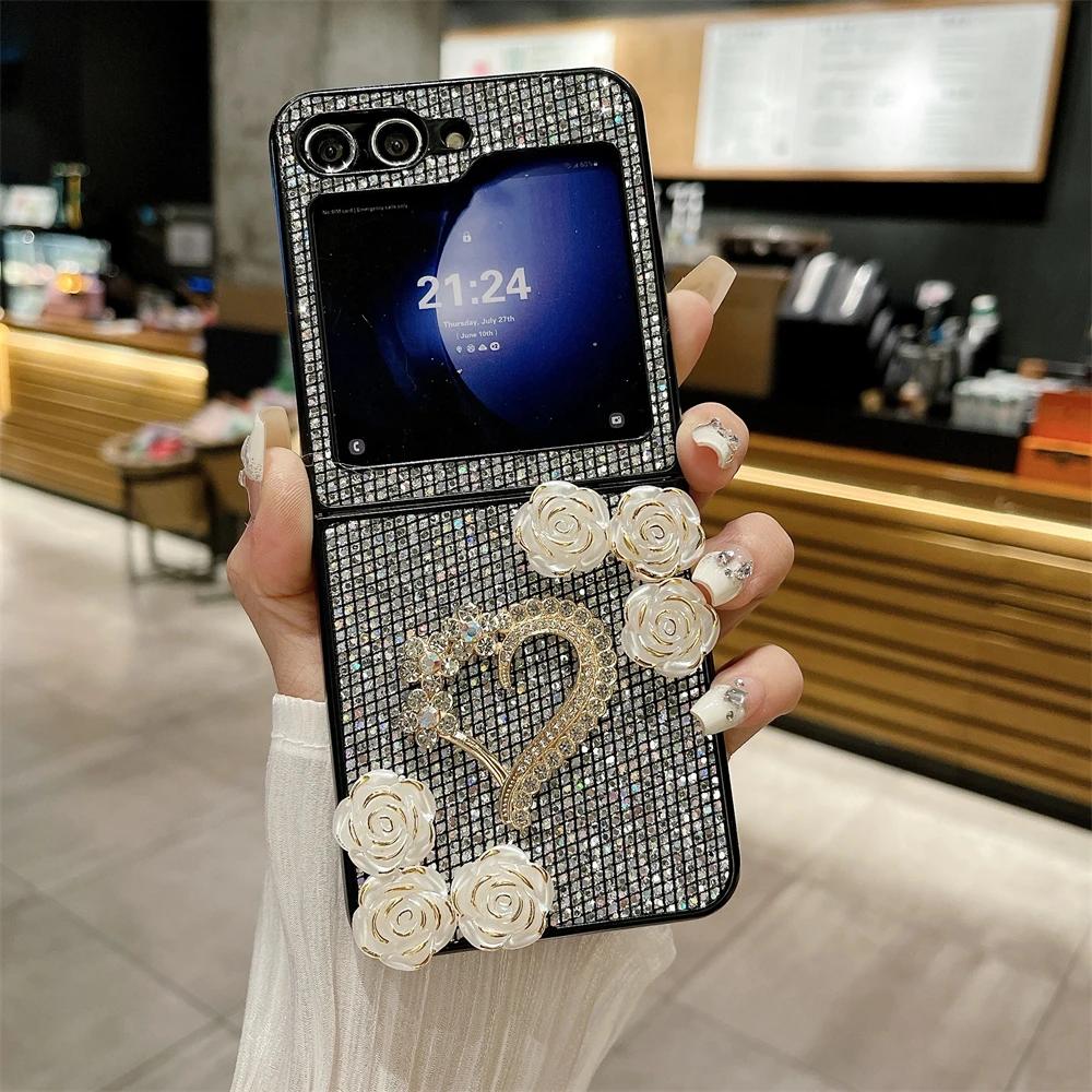 Luksusowe Błyszczące Diamentowe Etui Kameliowe dla Samsunga Galaxy Z Flip 4 5 Cover Matowe Twarde Odporne na Wstrząsy Etui Bumperowe Dla Z Flip3 Flip5 5G