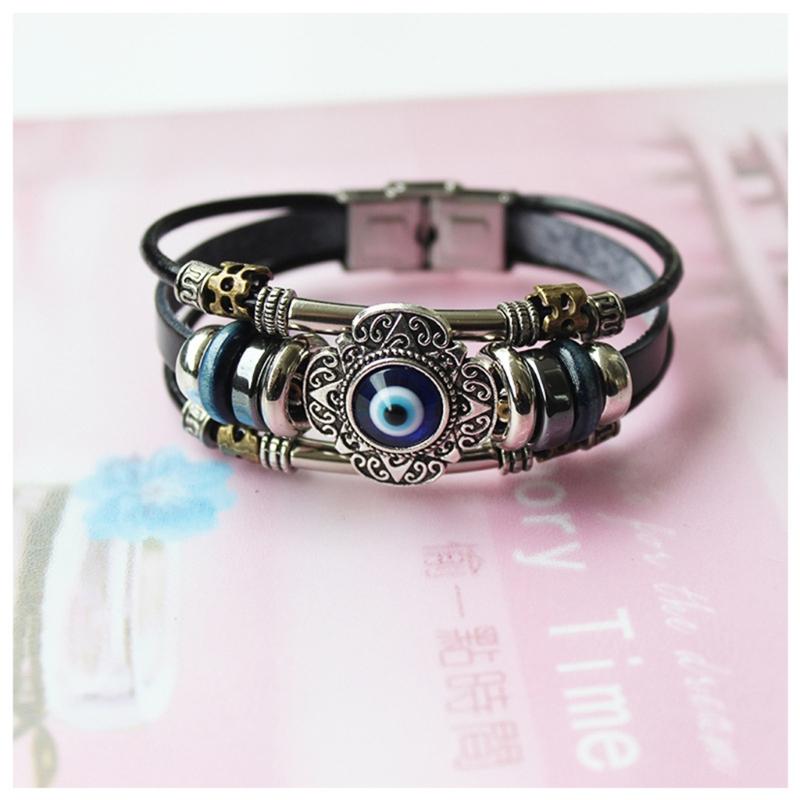 Lucky Eye Turkish for Evil Eye Bracelets For Men Women Punk Style Flower Handmade Jewelry Multilayer Black Leather Bangl