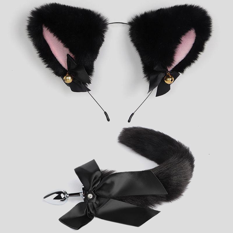 Cat Tail Bell Headband, Anal Plug, Nipple Clamps Flirting Set