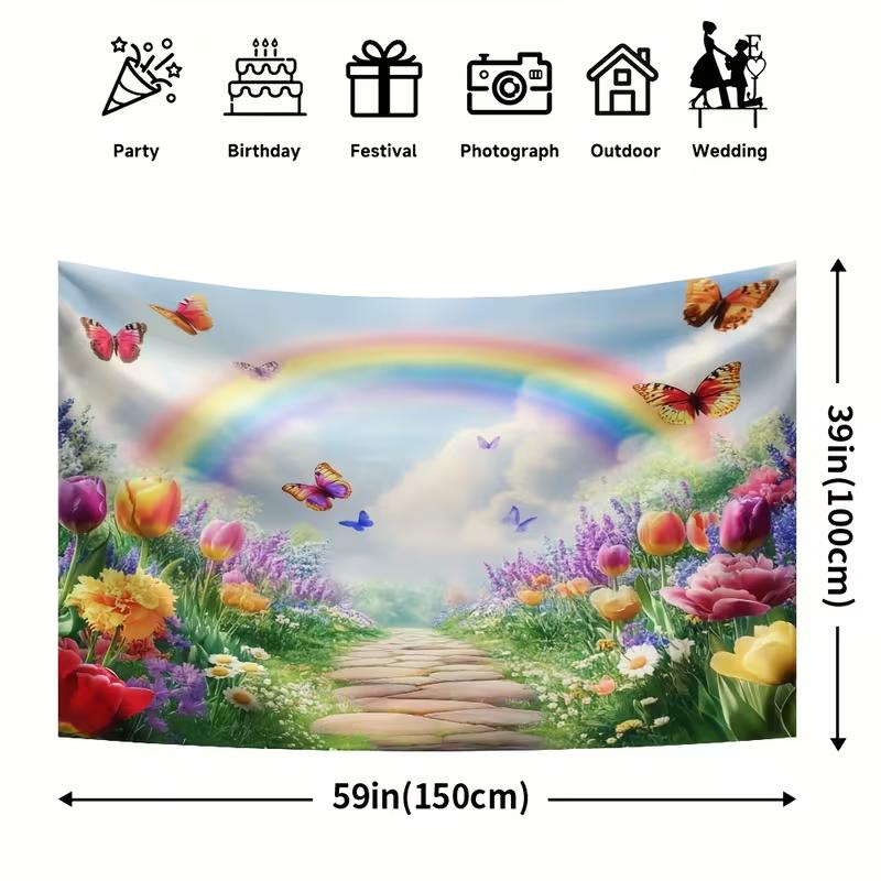 2D Frühlings-Regenbogen-Hintergrund, Bunter Garten mit Tulpen & Schmetterlingen Hintergrund für Outdoor-Themenveranstaltungen