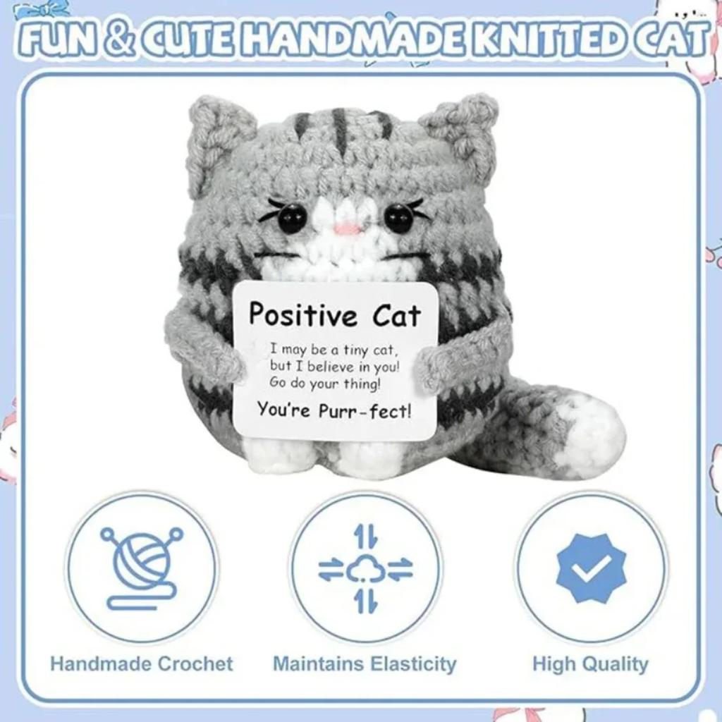 Handmade Crochet Cat Doll Cute Knitted Plush Ornament with Greeting Card Home Decor Gift for Kids Desk Decoration Fairy Garden