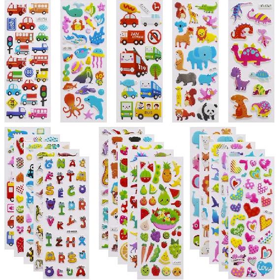 Meafeng 3D Stickers for Kids & Toddlers 24 Sheets 550+ Puffy Stickers Variety Pack with Animals, Numbers, Fruits, Fish, Dinosaurs, Cars & More for Cars & Animals