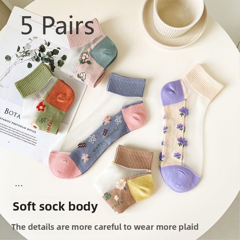 

5 пар женских летних хлопковых носков-лодочек с впитывающей влагу и дышащей подошвой с рисунком в виде кристаллов 5 pairs(Simple)