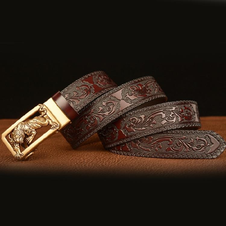 Classical Men Leather Belt with Convenient Automatic Buckle and Carved Beast Buckle Chinese Beast Head