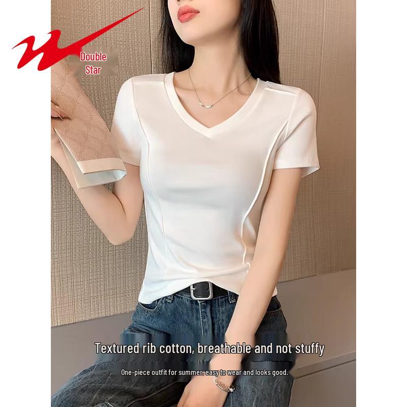 Shuangxing Women's V-Neck Ribbed Slim Fit T-Shirt