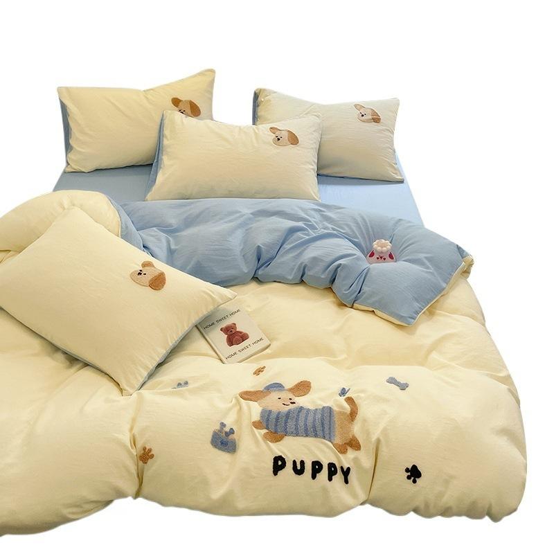 Class A bedding four-piece set solid color cotton cartoon towel embroidered quilt cover skin-friendly washed cotton student dormitory cute kit