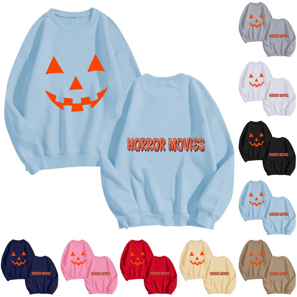 Mote for kvinner, avslappet langermet Halloween-trykket topp med rund hals