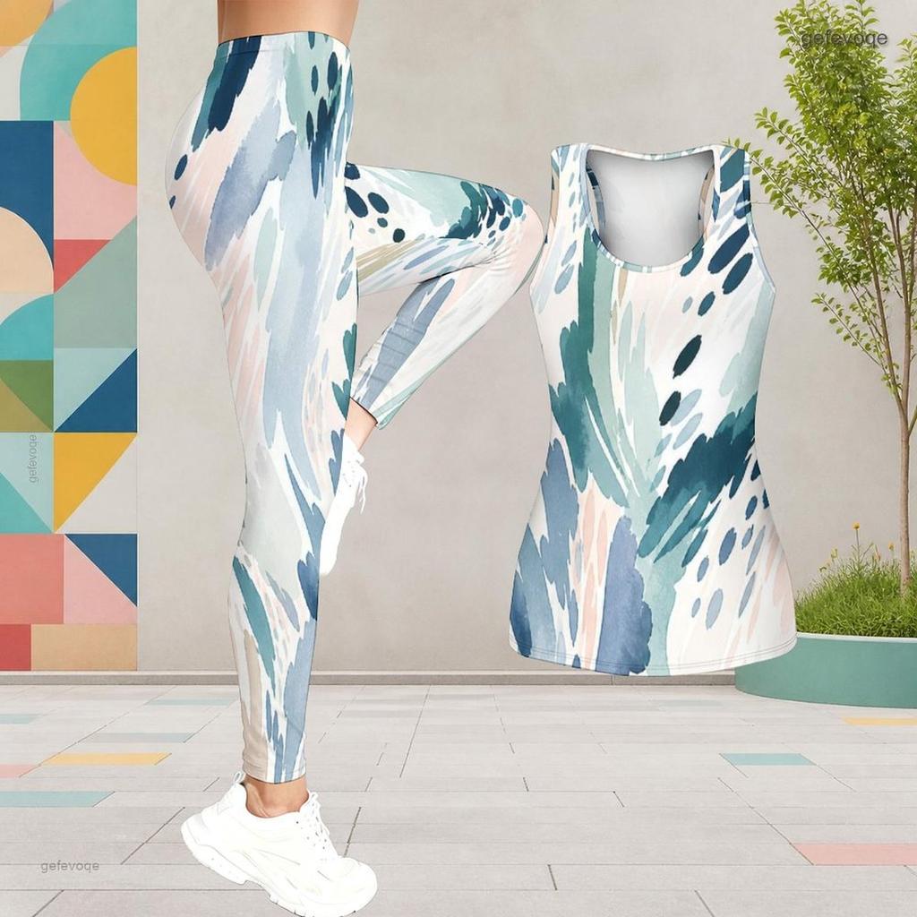 Women Plus Size Printed Scoop Neck Sleeveless Longline Tank Top Fitted Pants Two Piece Set