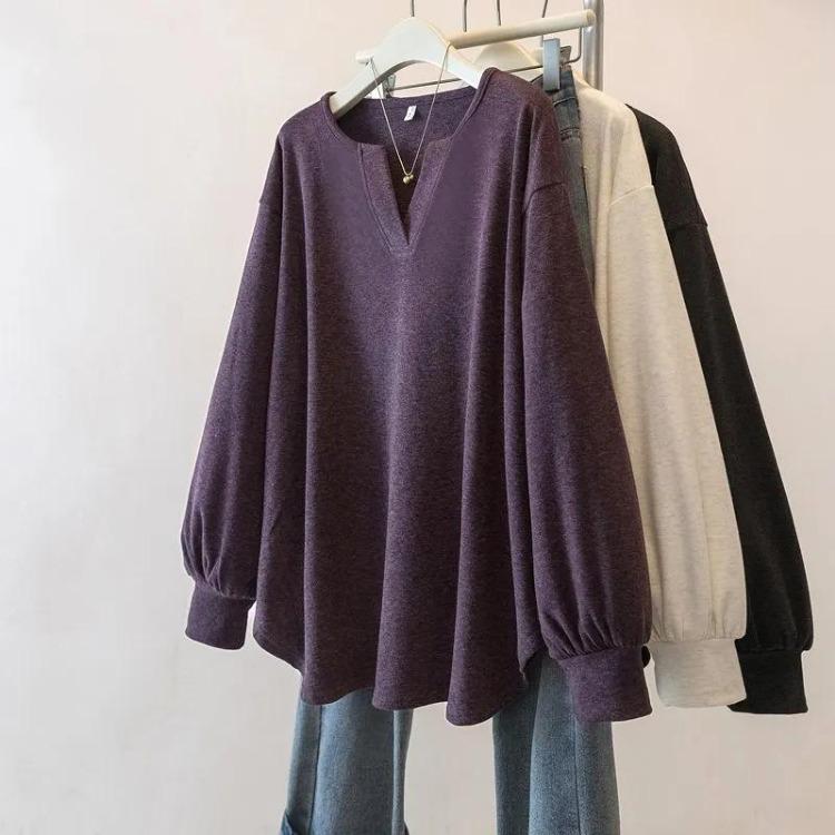 

Oversized V Neck Pullover Tops Women Long Sleeve Shirt Loose Blouse Slim Fit Autumn Winter Long Sleeves S фиолетовый