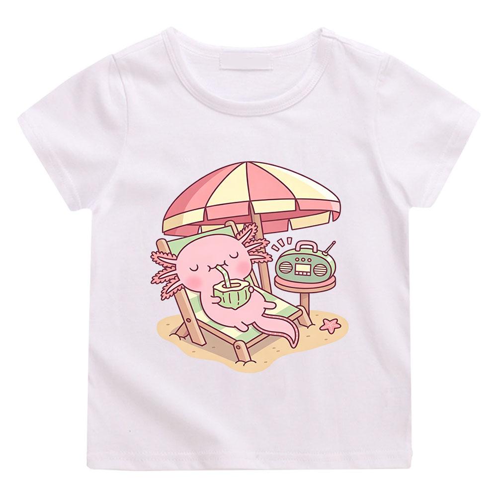 Cute Axolotl Children's T-shirts 100%cotton Drinking Coconut Water on The Beach  Funny Print Short Sleeve Boys Girls Tees Anime T-shirt Summer clothes