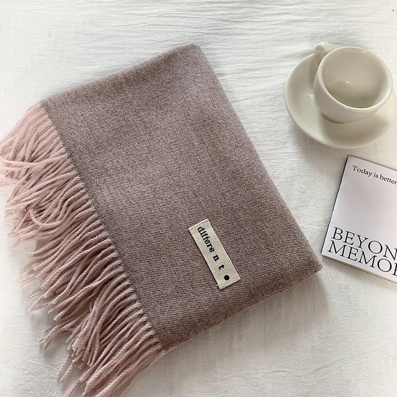Flowing Fringe, Color-blocked, Simple Design, Faux Cashmere-like Scarf, Winter-thick, Cape-style, Student-friendly, Solid Color.