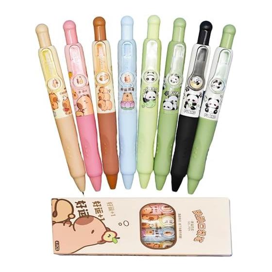 Maydahui 8pcs Cute Panda Capybara Gel Pens, 0.5mm Black Ink, Pocket Pens, Kawaii Stationery for Office, Gifts