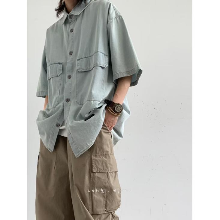 Retro Denim Workwear Kurzarmhemd, Sommermodemarke für Herren und Damen, japanischer Retro-Halbarmtrend, cooles und lockeres Hemd