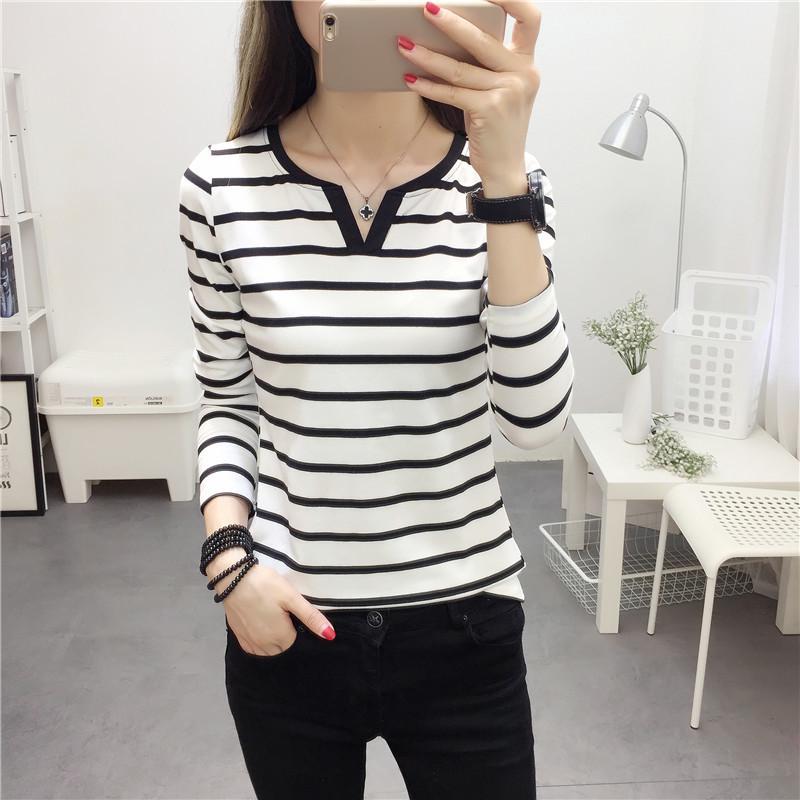 2025 Spring/Autumn Women's Slimming Striped V-Neck Long-Sleeve T-Shirt - Student Base Layer