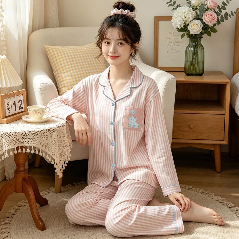 High-value imitation cotton long-sleeved pajamas women's spring and autumn new casual loose striped cardigan loungewear set