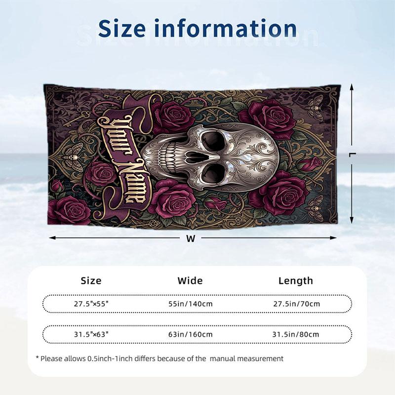 Skull Floral Fantasy Theme Quick Dry Beach Towel Custom Name Text Print Large Sand Resistant Towel Beach Vacation
