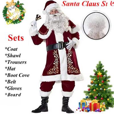 Neuer Roter Deluxe Samt Ausgefallenes Verkleidungsparty Mann Bühnenkostüm Weihnachten Weihnachtsmann Anzug Erwachsener Übergröße Weihnachts-Cosplay-Kostüm