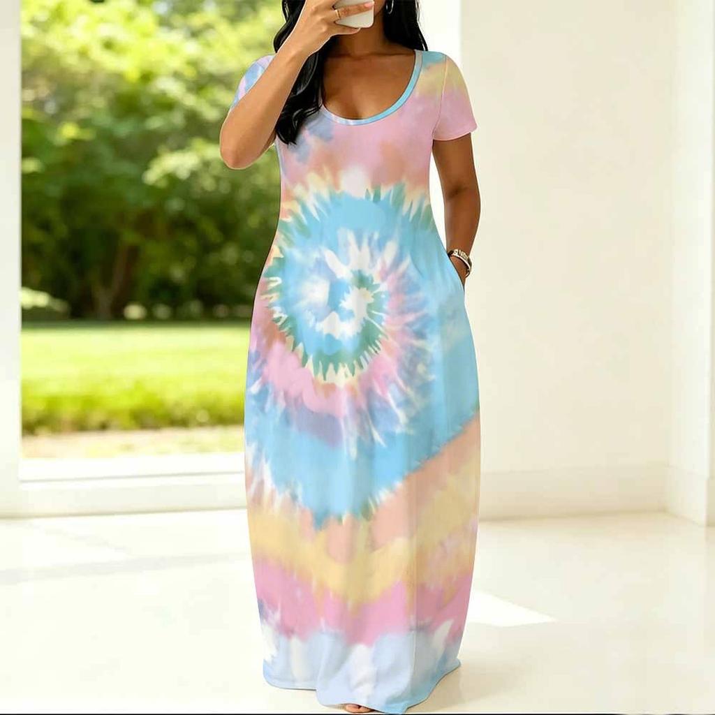Plus Size Ladies Short Sleeve Crew Neck Dress Flowy Loose Outfit For Summer Family Gathering Wear