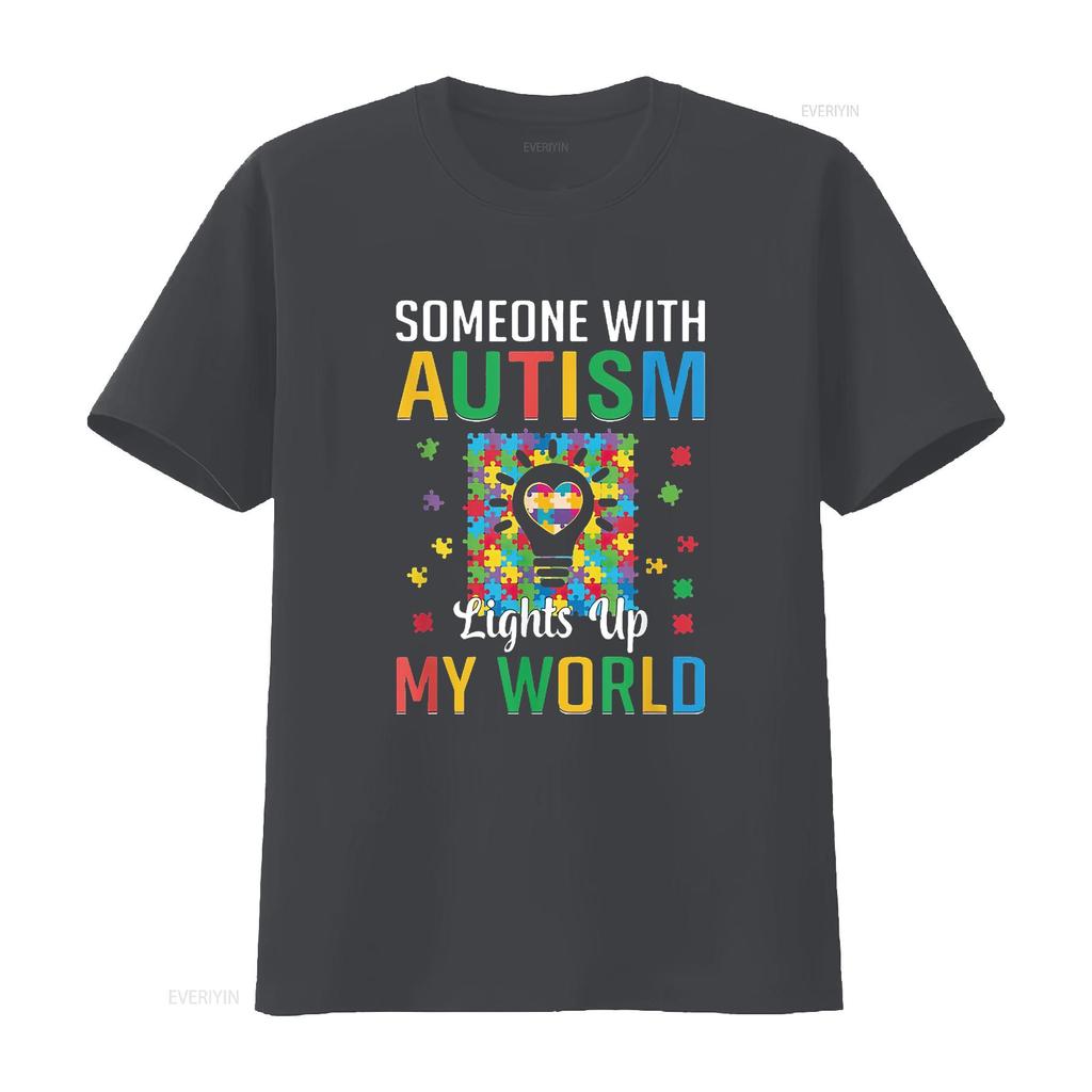 Womens Someone With Autism Lights My World Puzzle Austic Awareness T Shirt Vintage Washed Streetwear Comfortable Soft