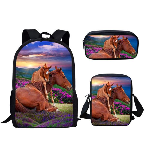 Luxury Horse Backpacks Bags 3D Print 3pcs/Set Pupil School Bags Laptop Daypack Backpack Inclined Shoulder Bag Pencil Case