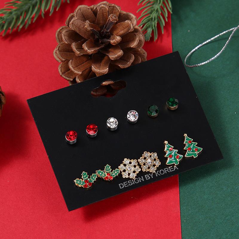 Christmas stud earrings combination new cartoon holiday alloy dripping elk old man bell earrings set