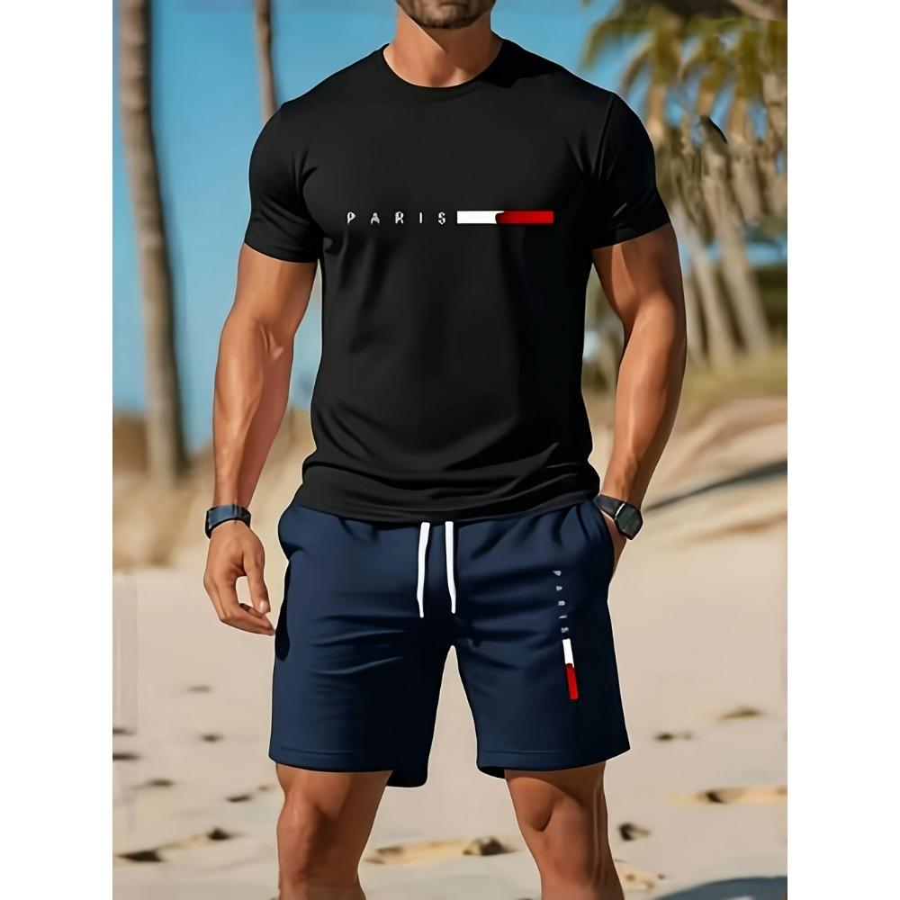 2026 Fashion Simple Solid Color Printed Set Summer Mens Street Harajuku Style Sports Gym Short Sleeve and Short Man 2 Piece Set