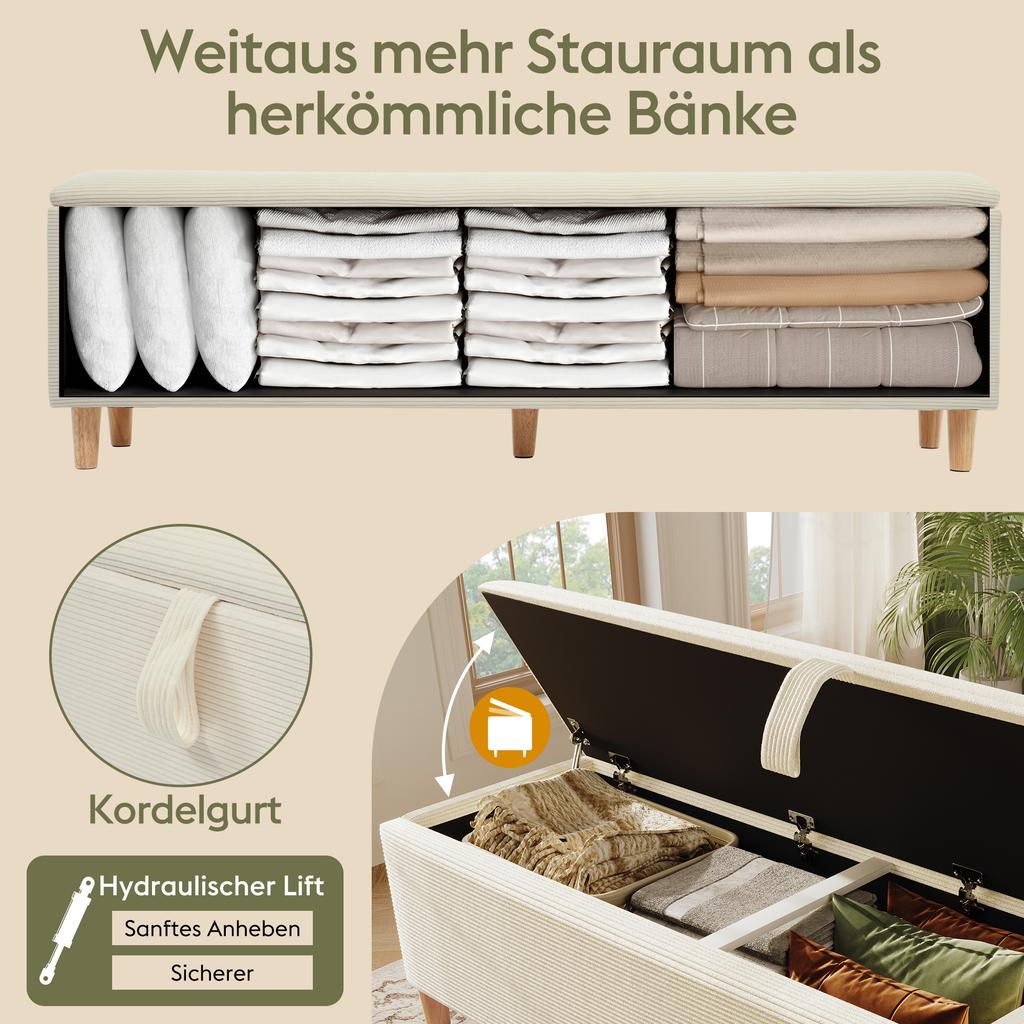 Banc de lit avec rangement, 145 x 38 cm, Banc rembourré avec rangement hydraulique, Coffre de rangement, Chambre à coucher, Salon et Couloir, Aspect velours côtelé beige.