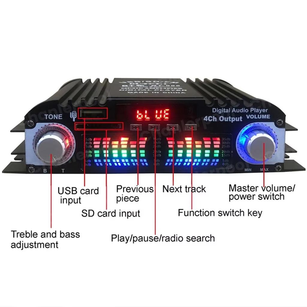 BT-998 4 Channel Bluetooth Amplifier 12V Car Home Audio Power Amp USB SD AUX FM LCD Display