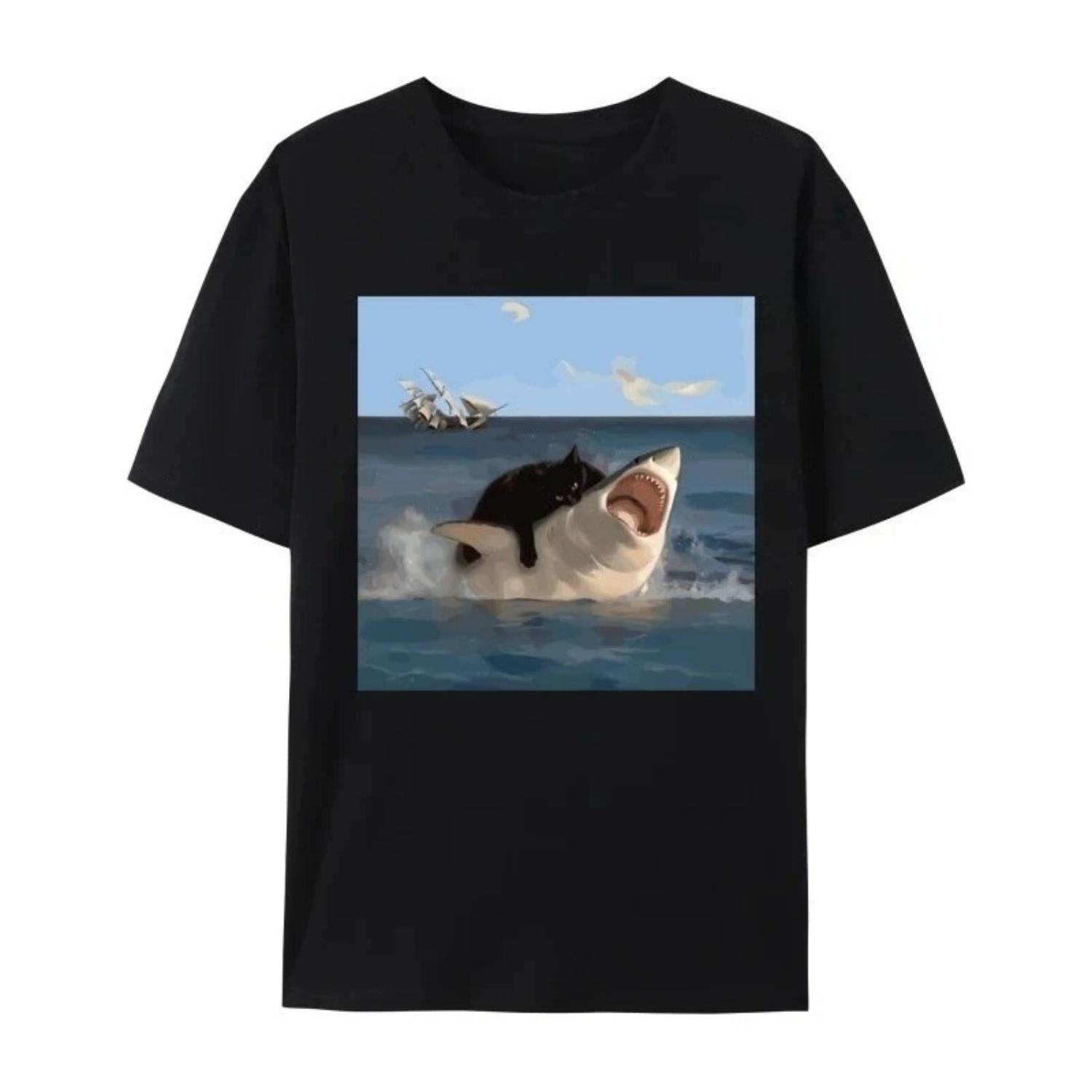 

Cat Bites Shark Fun Art and Cat Lovers Fun Cat and Shark Print Tops Shirts Plain Tops Hip Hop T-shirts Women Clothing Fashion XXXXXL різнокольоровий