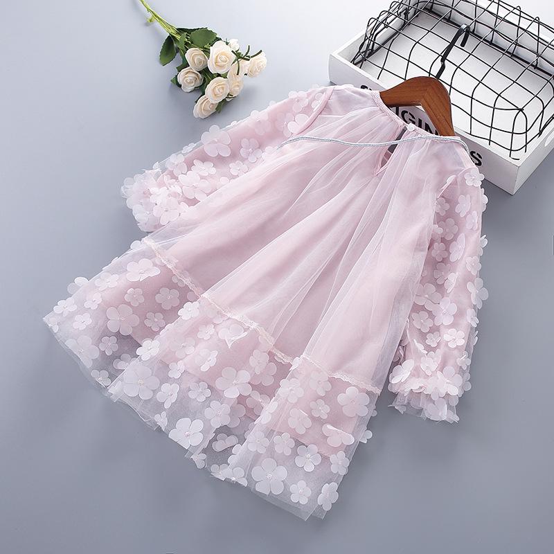 Neue Frühlingslieferung: Mädchen-Langarm-Netz-Blumenkleid mit Tasche - Glänzender Koreanischer Stil