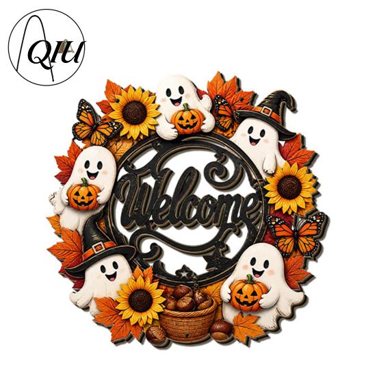3D Floral Pumpkin Wall Art Halloween Ghost Wooden Welcome Door Hanger Sign, Cute Ornament with Bell Durable Sign for Porch Hanging Rope, Decor Indoor