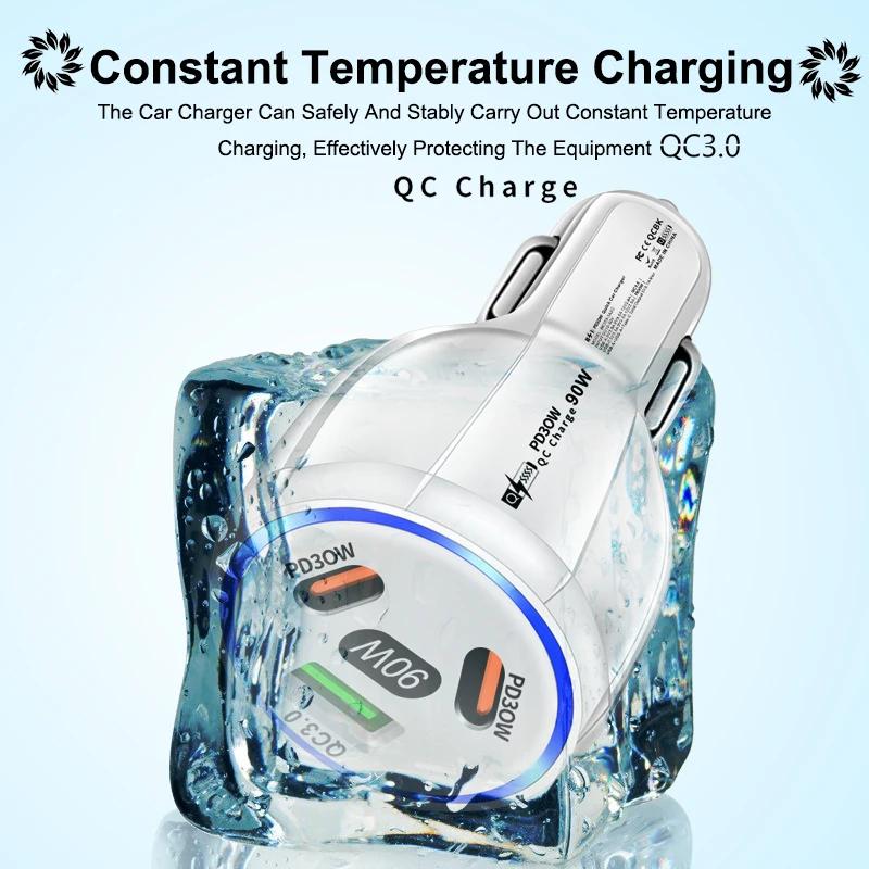 90W Car Charger PD QC3.0 USB Type-C Fast Charging Car Phone Adapter In Car for iPhone 14 15 Pro/Max Samsung Huawei Xiaomi