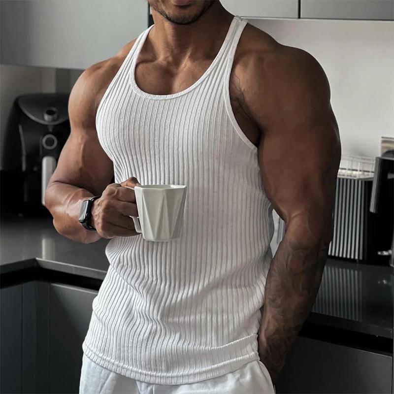 Muscleguys Einfache Laufwesten Sommer Schnelltrocknend Gestrickte Tanktops Fitnessstudio Fitness Ärmellos Streifen Enganliegende Hemden Herren Bodybuilding Kleidung