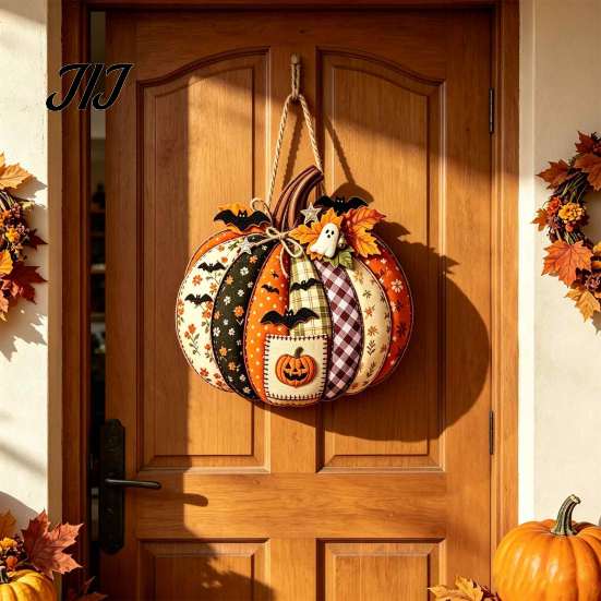 Seasonal Indoor Outdoor Sign Patchwork Pumpkin Wooden Door Hanger, Fall Harvest Halloween Decorative Maple Leaf Wreath with Leaves Berries, Farmhouse