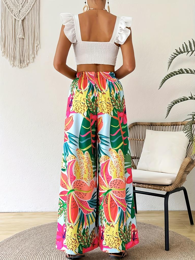 Women's Vacation Casual Comfortable Loose Pants Floral Tropical Elastic Waist Wide Leg Pants