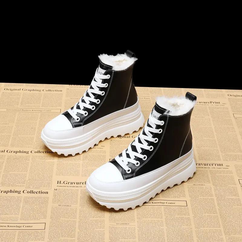 Fashion 7CM Genuine Leather Ankle Boots Casual Chunky Sneakers Winter Plush Boots Spring Autumn Platform Wedge Hidden Heel Women Shoes