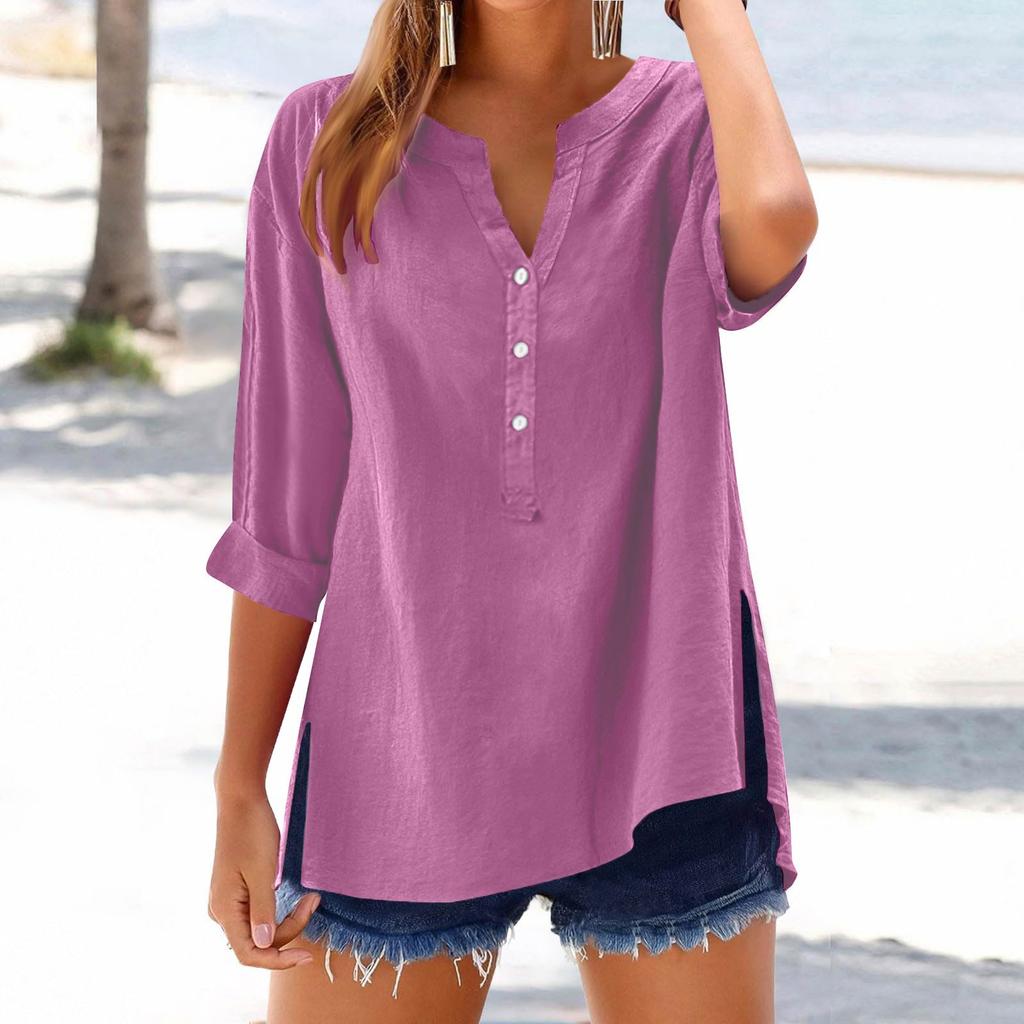Women's Casual V-Neck Button Down Shirt Color Long Sleeve Hem Split Cotton Blouse