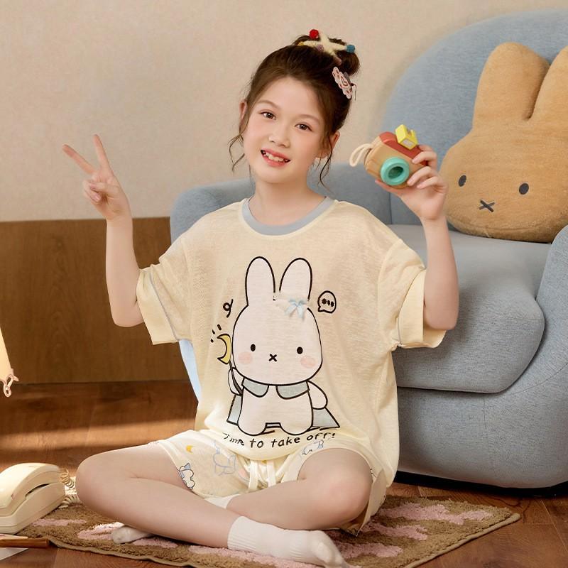 Girls Pajama Set Short Sleeve Cartoon Print Lyocell Cotton Sleepwear Ages 8 Comfortable Lightweight Home Outfit