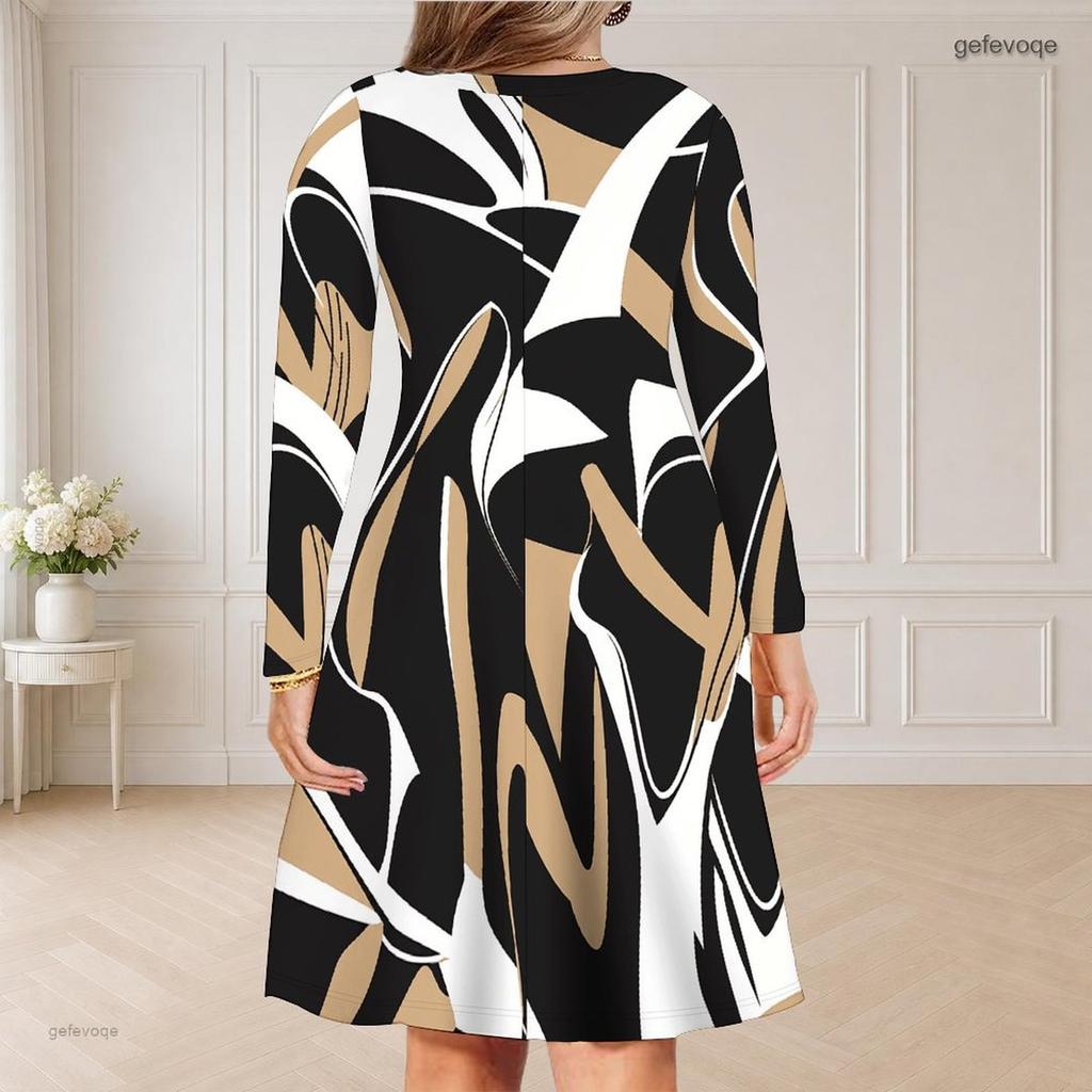 Women Plus Size V Neck Long Sleeve Printed Striped Curved Hem Casual Dress