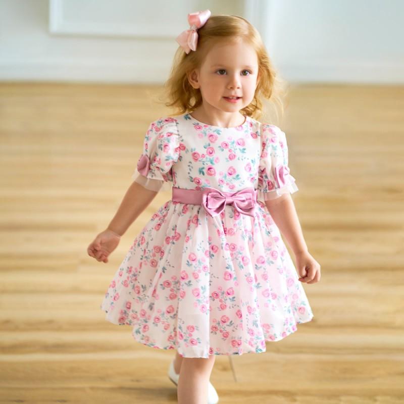 Baby Girls Formal Dress Floral Print Puff Sleeve Tulle Gown Birthday Party Wedding Events